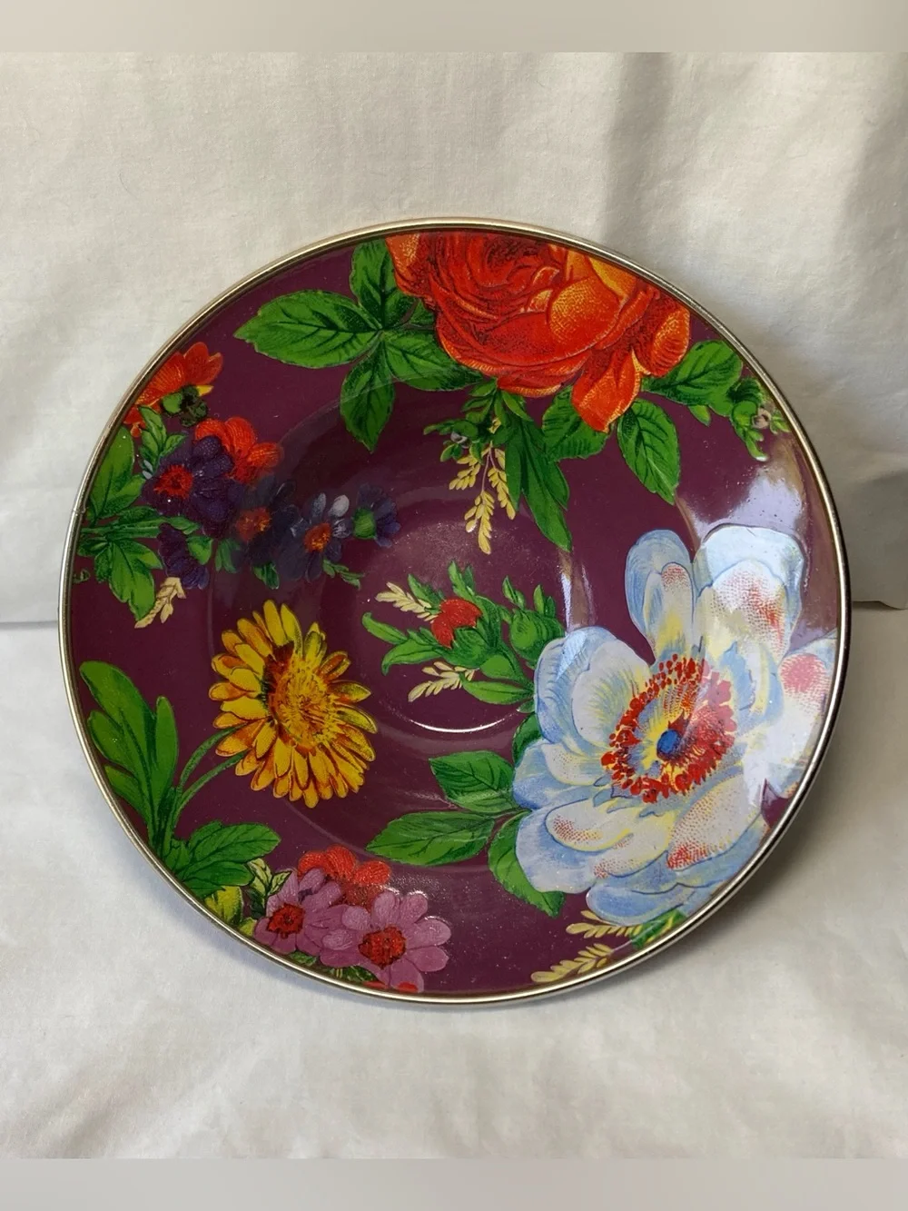 Mackenzie Childs Purple Plum Flower Market Enamelware Salad Soup Bowl 7.75”